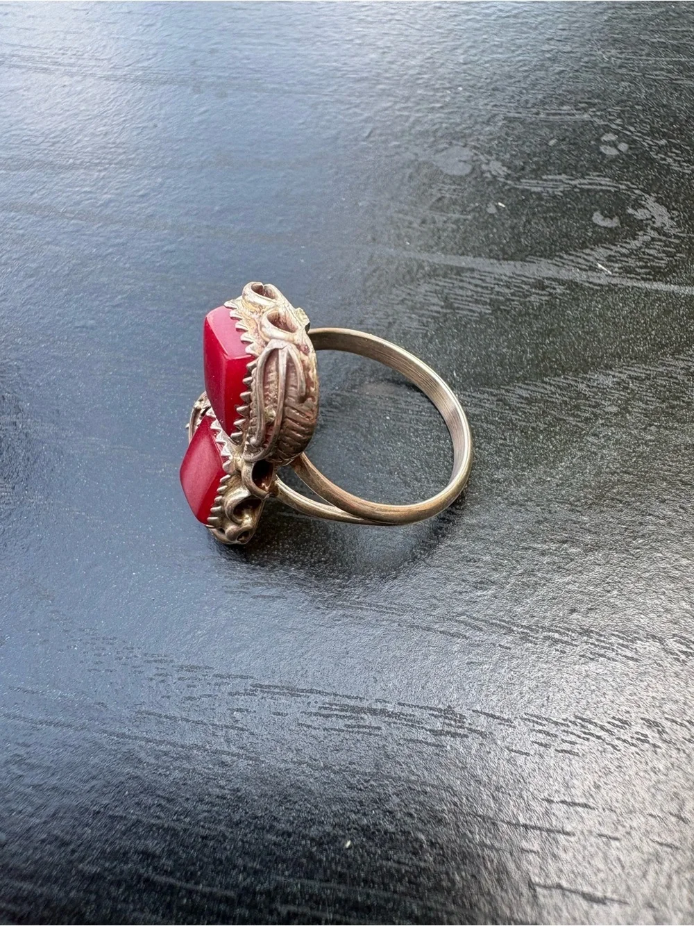 Southwest Style Ring with Red Stones and Feather Accents - Size 7.25